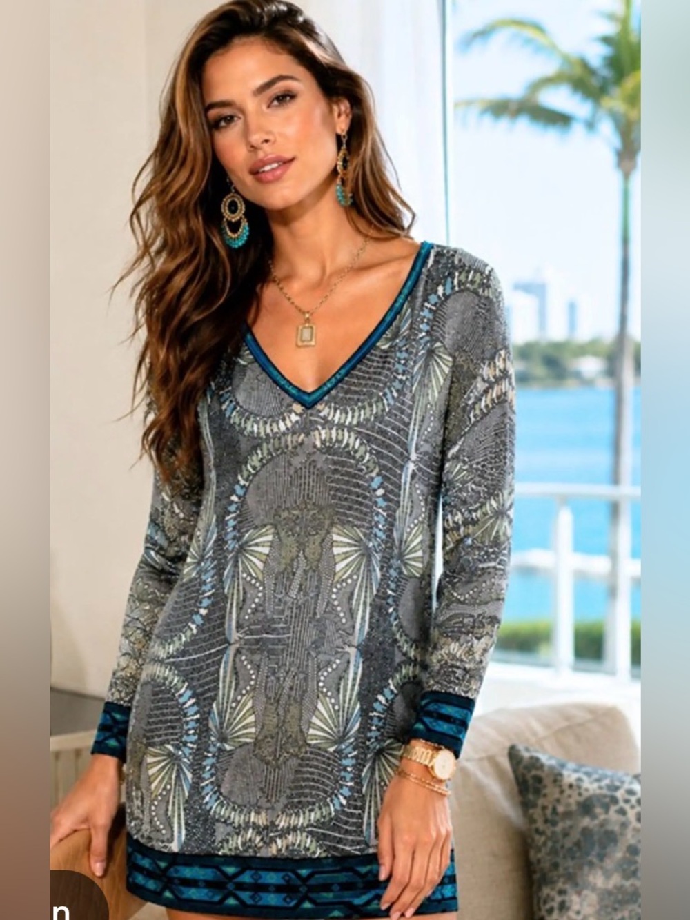 Custo Barcelona Gray Blue Metallic Shimmer Abstract V-Neck Knit Dress Sz M*READ*